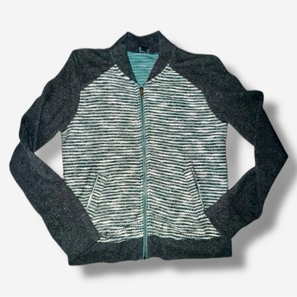 Lucky Brand Sweater Gray Cardigan Striped Mixed Knit Zip-Up Boyfriend Size Small - Picture 9 of 16